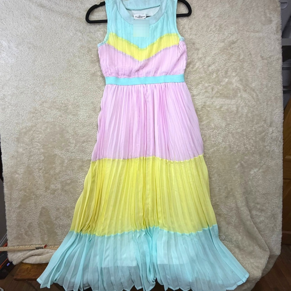 Rare Editions Girls 16 Pastel Pink Blue Pleated Chiffon Maxi Dress